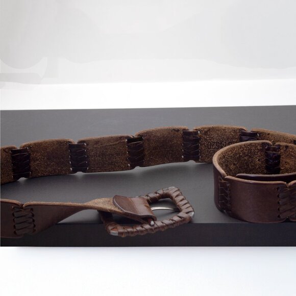 Vintage Handcrafted Leather Belt with Woven Buckle, Rustic Brown Real Leather - Picture 10 of 10